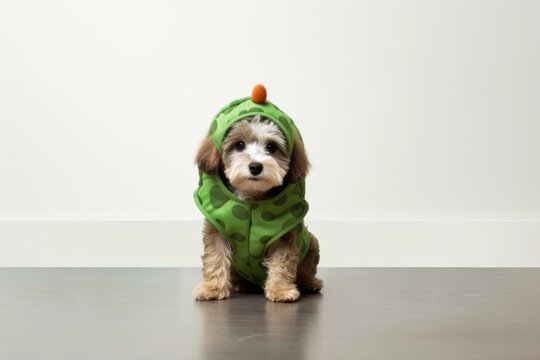 Group portrait photography of a cute havanese dog wearing a dinosaur costume against a minimalist or empty room background. With generative AI technology