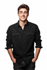 Fototapeta premium A captivating portrait featuring a male model elegantly clad in a black Bella Canvas tee. A young man proudly wearing a black shirt for your mockup needs. Template included.