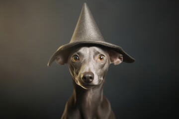 Close-up portrait photography of a cute italian greyhound dog wearing a wizard hat against a minimalist or empty room background. With generative AI technology