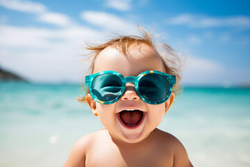 Photography of a cheerful positive kid having fun sunny day playing big eyeglasses generative AI