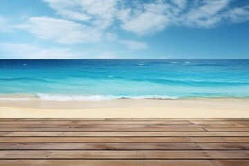 Fototapeta na wymiar Beautiful scenery of the sea with wooden table on the beach