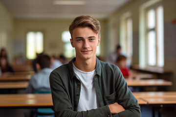 Obraz premium Picture of smiling clever smart student in classroom before lesson made with generative ai