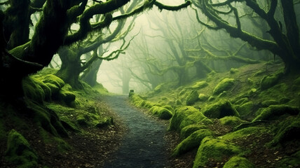 magic deep forest with moss and fog