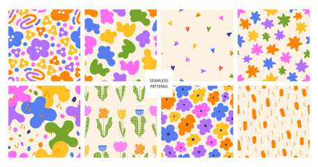 Fototapeta na wymiar Set of modern vector seamless pattern. Colorful abstract trendy background. Simple shapes hand drawn repeatable backdrop for surface design