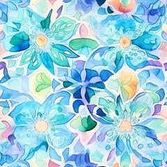 Blue floral watercolor repeatable pattern. Seamless tileable natural texture with flowers.