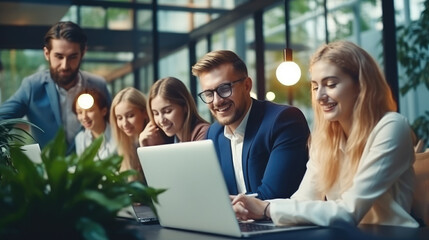 Fototapeta premium Smiling diverse business people using a laptop. Generative AI