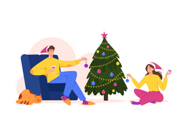 Young man in chair and woman on the floor decorating Christmas tree with baubles and garlands