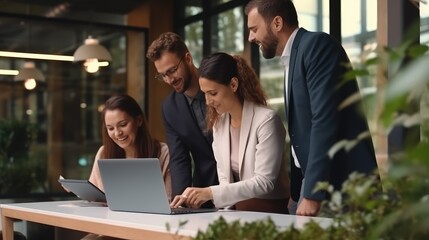 Smiling diverse business people using a laptop. Generative AI