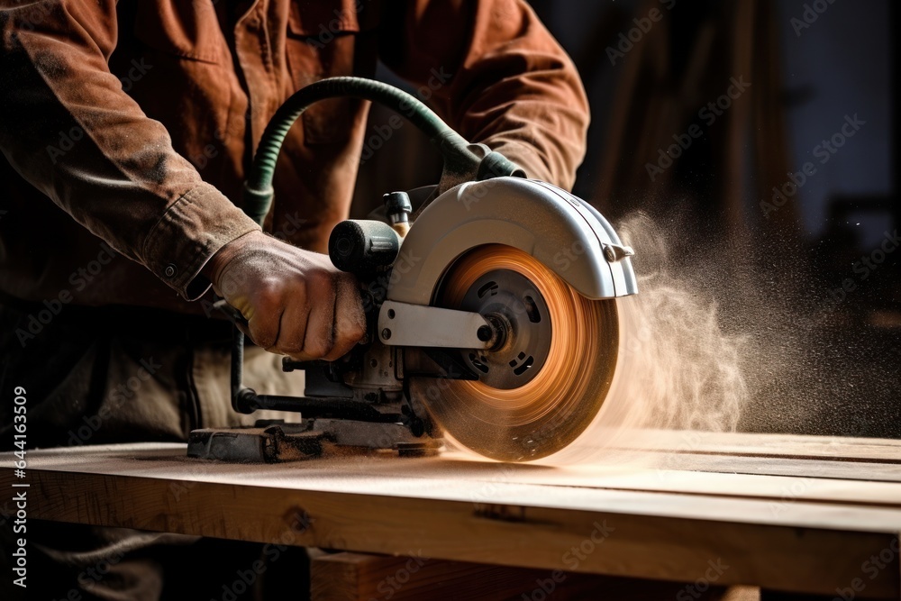 Poster man saws with a disk saw.