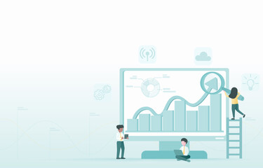 Business ideas concept. Business people discussion, research and expand information to increase growth management, improving goals for business success. Flat vector illustration with copy space.