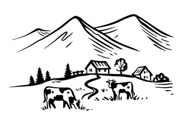 Cow with nature landscape vector hand drawn.