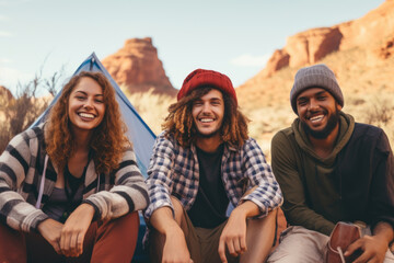 Group of backpackers sitting and resting while climbing to the Sedona canyon, surrounded by beautiful nature. Travel, backpacking and active lifestyle concept.	 - obrazy, fototapety, plakaty