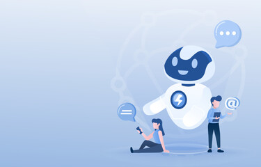 Online communication and artificial Intelligence (AI) technology concept. AI robot chat assistant, talking, learning, discussion, planning between AI robot and human with natural language.