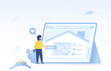 Real estate mortgage and purchase. Click for buy house asset, showing room plan, price, location and review for compare. Search and explore property for sale or rent. Flat vector design illustration.
