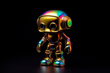 A cute little rainbow robot on a black background. Generative AI