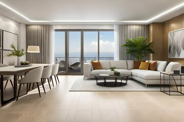 Obraz na płótnie Canvas living room interior, Modern sofas, full glassy window generated by AI