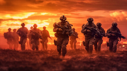 photograph of Team of Modern warfare soldiers moving forward.generative ai