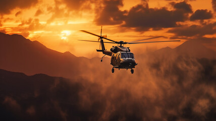 photograph of Military commando helicopter drops during sunset.