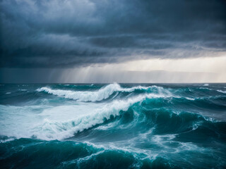 Obraz premium dark ocean storm with lgihting and waves at night. Ocean wave. Close-up view of huge ocean waves