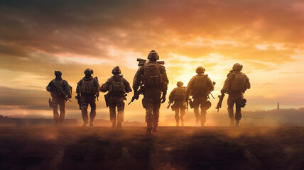 Fototapeta na wymiar photograph of Team of Modern warfare soldiers moving forward.generative ai