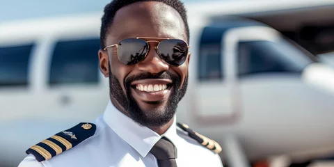 Poster portrait of a handsome smiling afro-american black pilot with sunglasses in front of an airplane on a bright sunny day © Design Resources