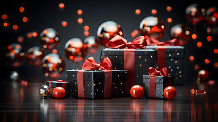 Black gift boxes with red ribbon and Christmas decoration. Blurred background with balloons and lights. Copy space. Sale and black friday concept. Generative ai.