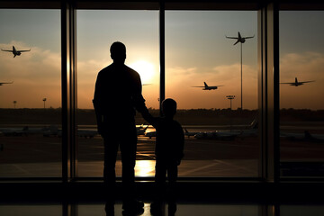 Silhouettes of a father and son standing by an expansive airport window.generative ai