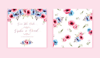 Wedding floral square invitation card design with vintage watercolor pink and blue flowers wreath. vector