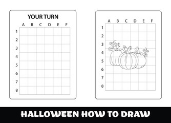 Copy the picture kids game and coloring page with halloween pumpkin. Halloween education Copy the picture game for preschool children.