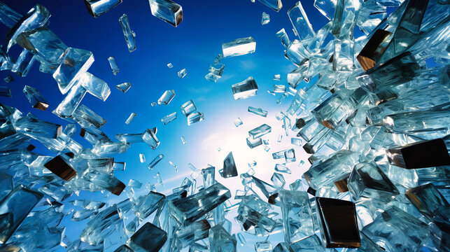 Fragments of glass flying rapidly in all directions,