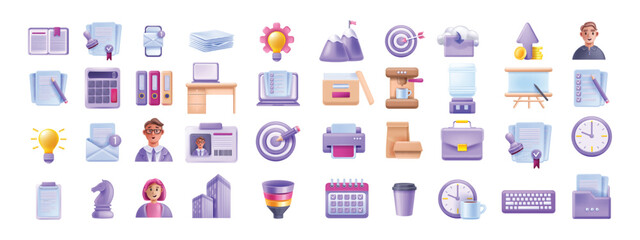 3D business vector icon, work office stationery kit, management calendar, laptop screen document. Reception workplace object collection, colleague avatar, person ID, startup project. Business icon set
