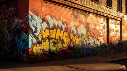 a graffiti - covered brick wall, vivid colors, layers of tags and street art, late afternoon sunlight, subtle shadows