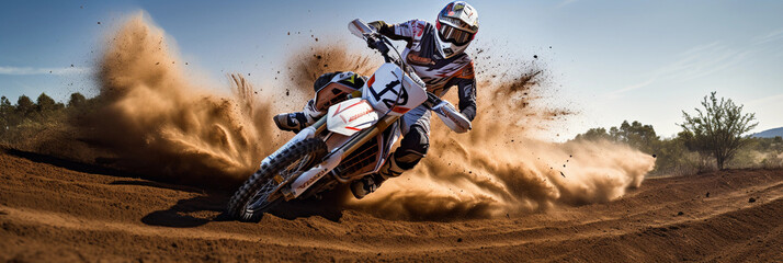 Motocross dirt bike caught mid - air, dynamic action, dust trailing, natural sunlight