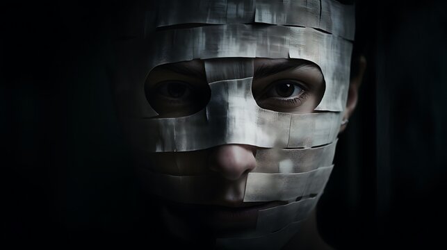 Close-up face of anonymous hacker With a mask - Hacking Concept with a dark background, cybersecurity, cybercrime, cyberattack, dark background concept.