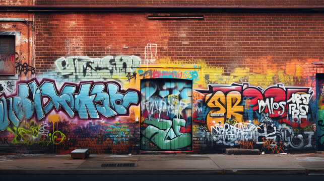 A Graffiti - Covered Brick Wall, Vivid Colors, Layers Of Tags And Street Art, Late Afternoon Sunlight, Subtle Shadows