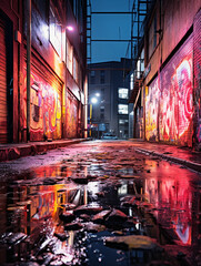 urban alleyway, graffiti tags from various artists, damp ground, neon reflections after rain