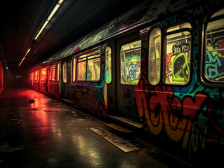 graffiti art on a subway train, metallic surfaces, rust and wear, neon graffiti, dimly lit