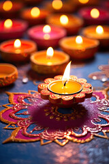 Traditionelle Diya-&Ouml;llampe auf einem bunten indischen Rangoli-Muster zum Diwali-Fest