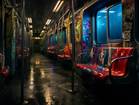 graffiti art on a subway train, metallic surfaces, rust and wear, neon graffiti, dimly lit