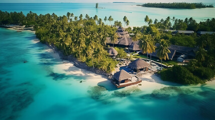 a tropical island, turquoise waters surrounding white sandy beaches, overwater bungalows