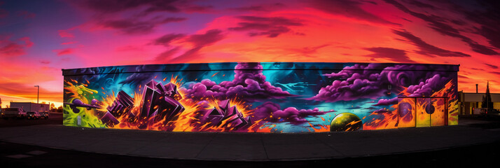 a graffiti mural featuring a political message, expansive wall, vibrant colors, dramatic sunset backlighting