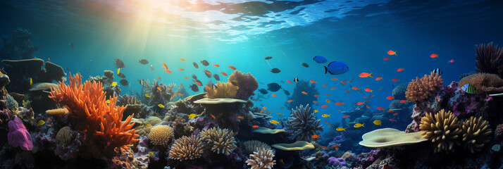 Fototapeta na wymiar an underwater coral reef in the tropics, myriad of fish swimming among vibrant corals, beams of sunlight piercing the water surface