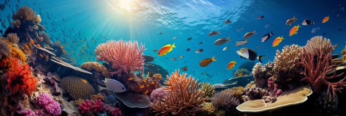 an underwater coral reef in the tropics, myriad of fish swimming among vibrant corals, beams of sunlight piercing the water surface