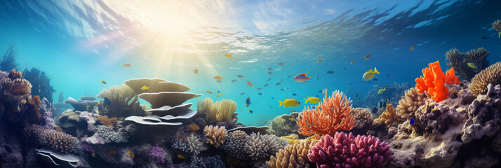 an underwater coral reef in the tropics, myriad of fish swimming among vibrant corals, beams of sunlight piercing the water surface