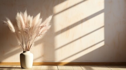 Dried pampas grass with soft blurry shadow on light beige wall. Aesthetic minimalist sustainable neutral background, business brand, social media blog template, mockup