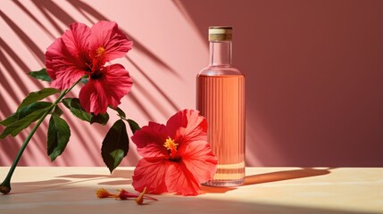 electrolyte drink with hibiscus in a glass bottle, minimalist still life