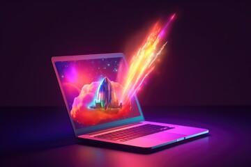 Rocket coming out of laptop screen neon light. beautiful Generative AI AIG32