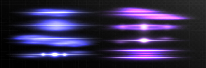Blue and purple lens flares pack. Laser beams, horizontal light rays. Beautiful light flares. Glowing streaks on dark background.