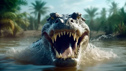 Foto op Plexiglas A massive crocodile launches itself towards its prey, Generative AI © REC Stock Footage