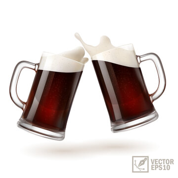 two mugs of dark beer toasting creating splash, 3D realistic glasses with handle